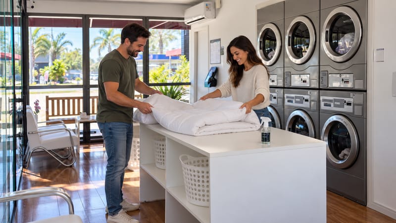Casal dobrando edredom limpo na mesa da lavanderia self-service, com as máquinas de inox ao fundo