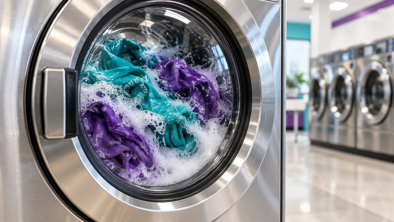 Porta de vidro de uma lavadora comercial mostrando toalhas sendo lavadas com espuma, com outras máquinas ao fundo