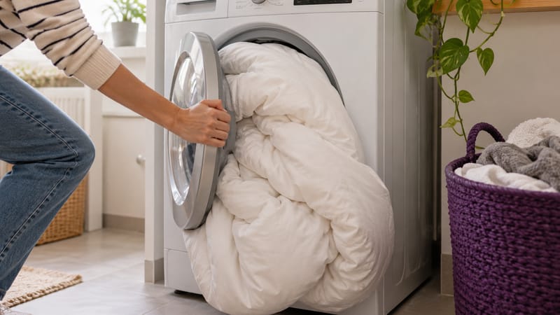 Edredom grande demais para a máquina de lavar de casa, com a porta sem conseguir fechar