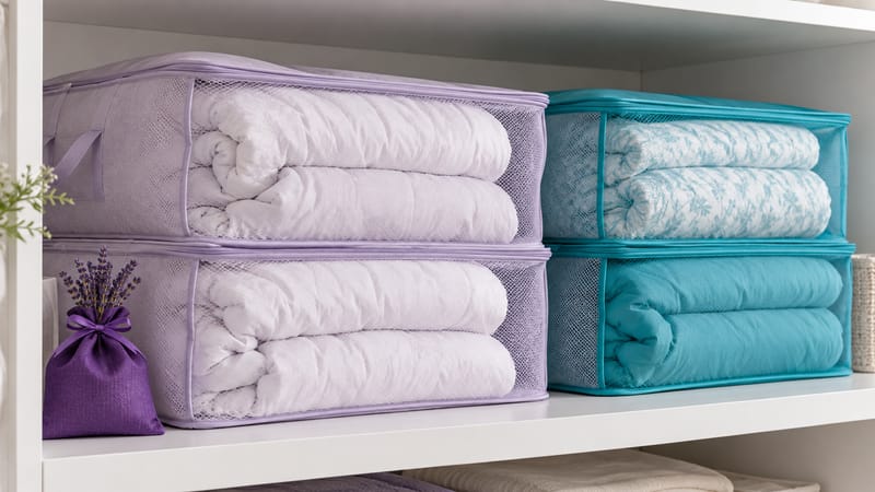 Edredons e cobertores dobrados em sacos de tecido respirável lilás e turquesa, com sachê perfumado