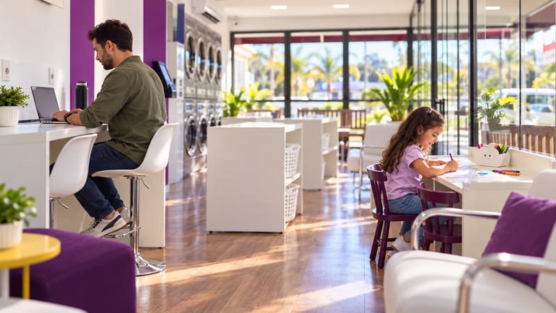 Homem trabalhando no notebook na bancada e menina desenhando na área kids da lavanderia self-service