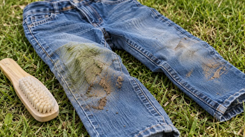 Calça jeans infantil com manchas de grama e barro no joelho, sobre a grama, ao lado de uma escova