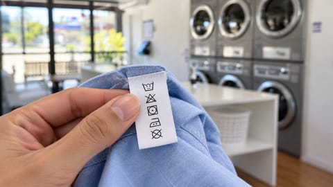 Mão segurando a etiqueta com símbolos de lavagem de uma camisa, com as máquinas da lavanderia ao fundo