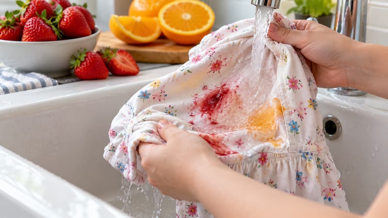 Vestido infantil com manchas de morango e suco de laranja sendo enxaguado em água fria na pia