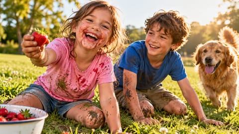 Crianças sorrindo com roupas sujas de grama, barro e morango, brincando com um cachorro no parque