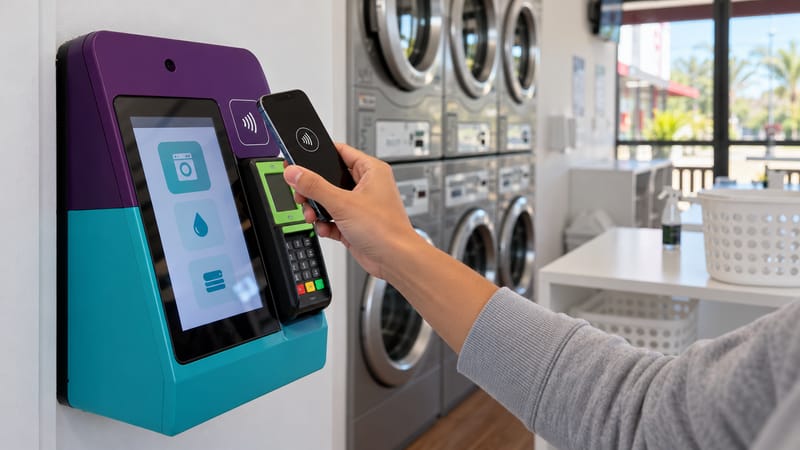 Pagamento por aproximação com celular no totem roxo e turquesa da lavanderia self-service