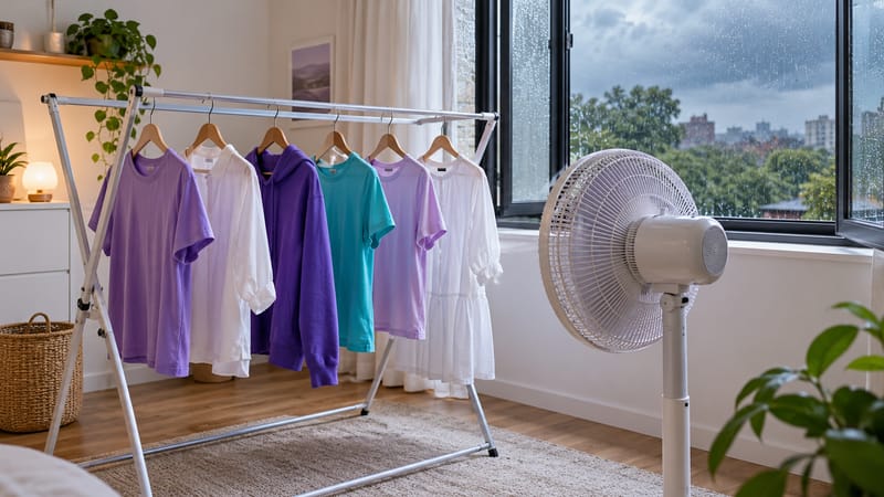 Varal com roupas espaçadas em cabides ao lado da janela aberta, com ventilador apontado para as peças