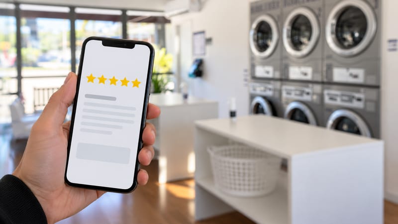 Celular mostrando avaliação de cinco estrelas, com o interior da lavanderia self-service ao fundo
