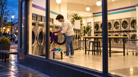 Homem colocando roupa em uma lavadora comercial em uma lavanderia self-service iluminada no começo da noite