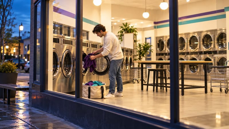 Homem colocando roupa em uma lavadora comercial em uma lavanderia self-service iluminada no começo da noite