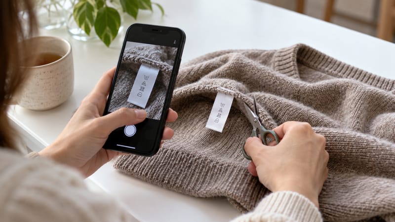 Pessoa fotografando a etiqueta de uma blusa com o celular antes de cortá-la