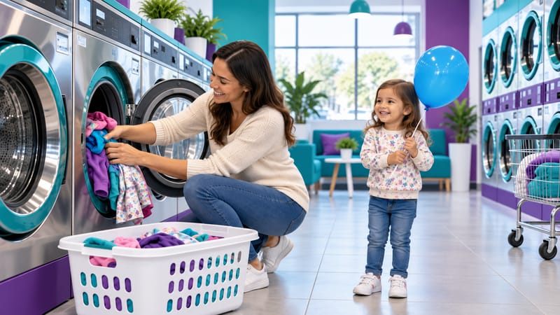 Mãe colocando roupas infantis na lavadora de uma lavanderia self-service, com a filha segurando um balão