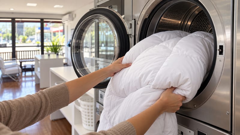 Mãos virando o edredom branco na secadora profissional de inox da lavanderia self-service