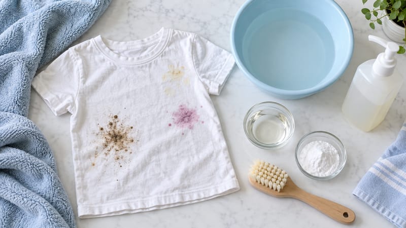 Camiseta infantil branca com manchas, bacia com água, sabão, vinagre, bicarbonato e escova