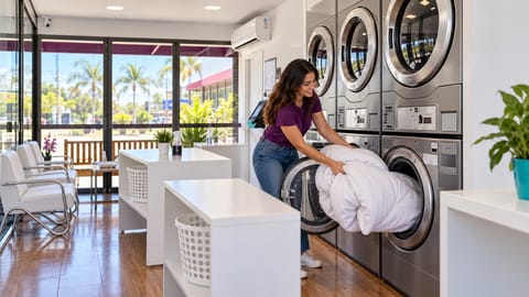Cliente colocando edredom de casal na lavadora de 12 kg da lavanderia self-service Bubble Box Jacareí