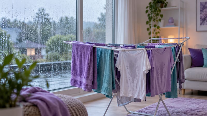 Varal com toalhas e camisetas ainda úmidas dentro de casa, ao lado de uma janela com chuva forte lá fora