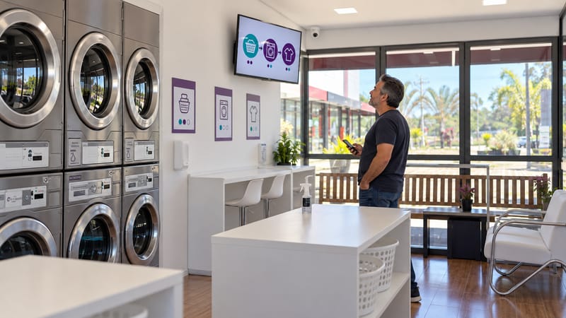 Cliente assistindo ao passo a passo na TV da lavanderia, ao lado das máquinas e de cartazes com instruções