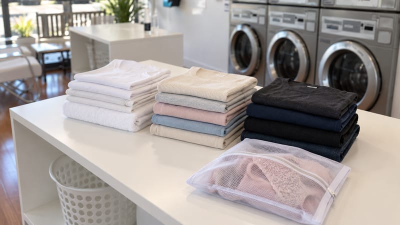 Roupas separadas por cor sobre a mesa branca da lavanderia, com uma peça delicada no saquinho de lavagem