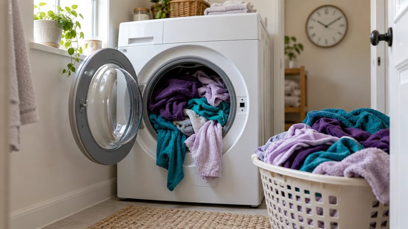 Máquina lava e seca cheia de roupa, com um cesto de roupas que não couberam na secagem ao lado