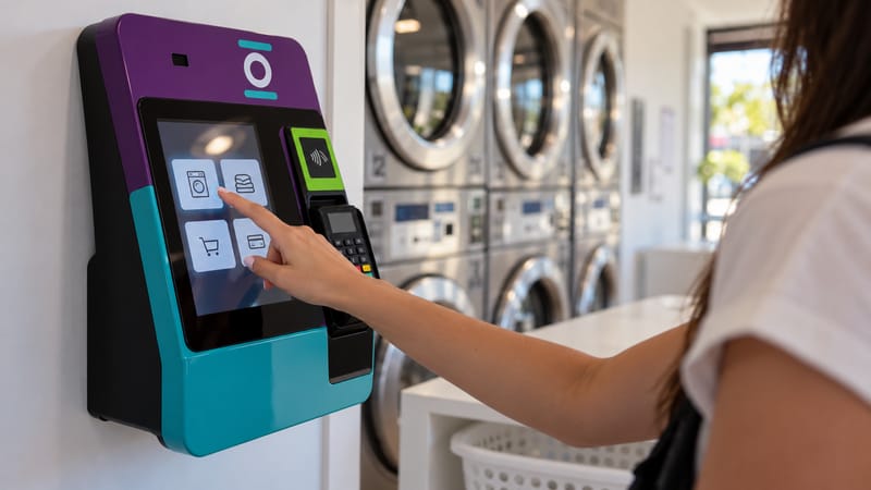 Cliente escolhendo a máquina na tela do totem de pagamento da lavanderia self-service