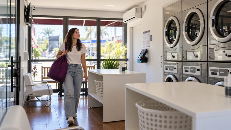 Cliente chegando com sacola de roupas a uma lavanderia self-service clara, com lavadoras e secadoras de inox