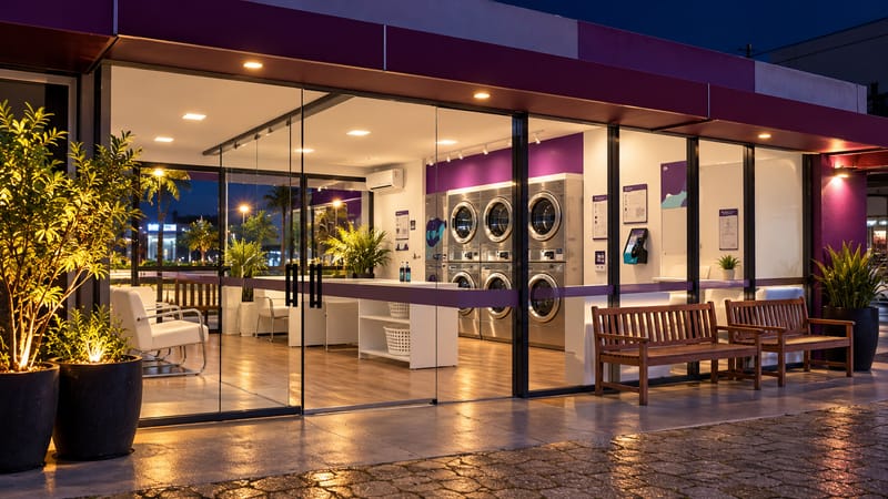 Fachada de vidro de lavanderia self-service iluminada à noite, com lavadoras e secadoras visíveis por dentro