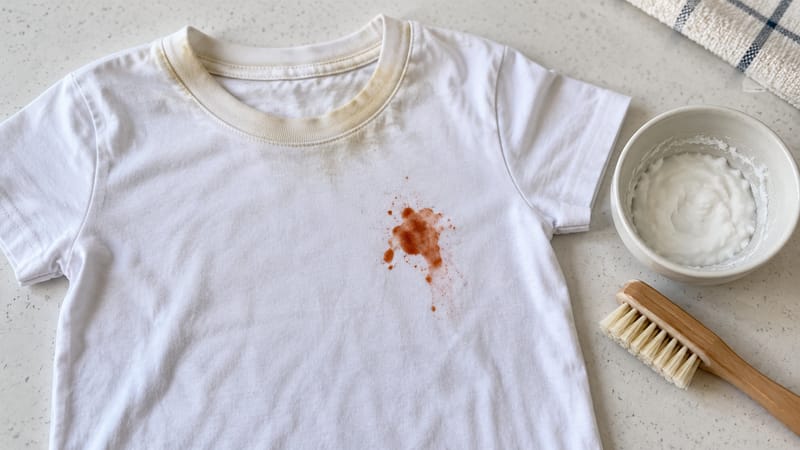 Camiseta infantil branca com mancha de ketchup e gola amarelada de suor, com pasta de bicarbonato e escova